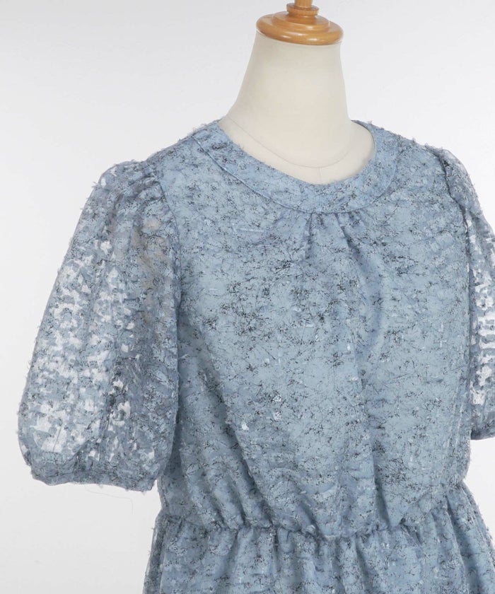 ワンピースレディースウエストゴム半袖シアー素材フリンジ春夏秋軽い洗える白柄フレアきれいめかわいい大人ジョイントスペース