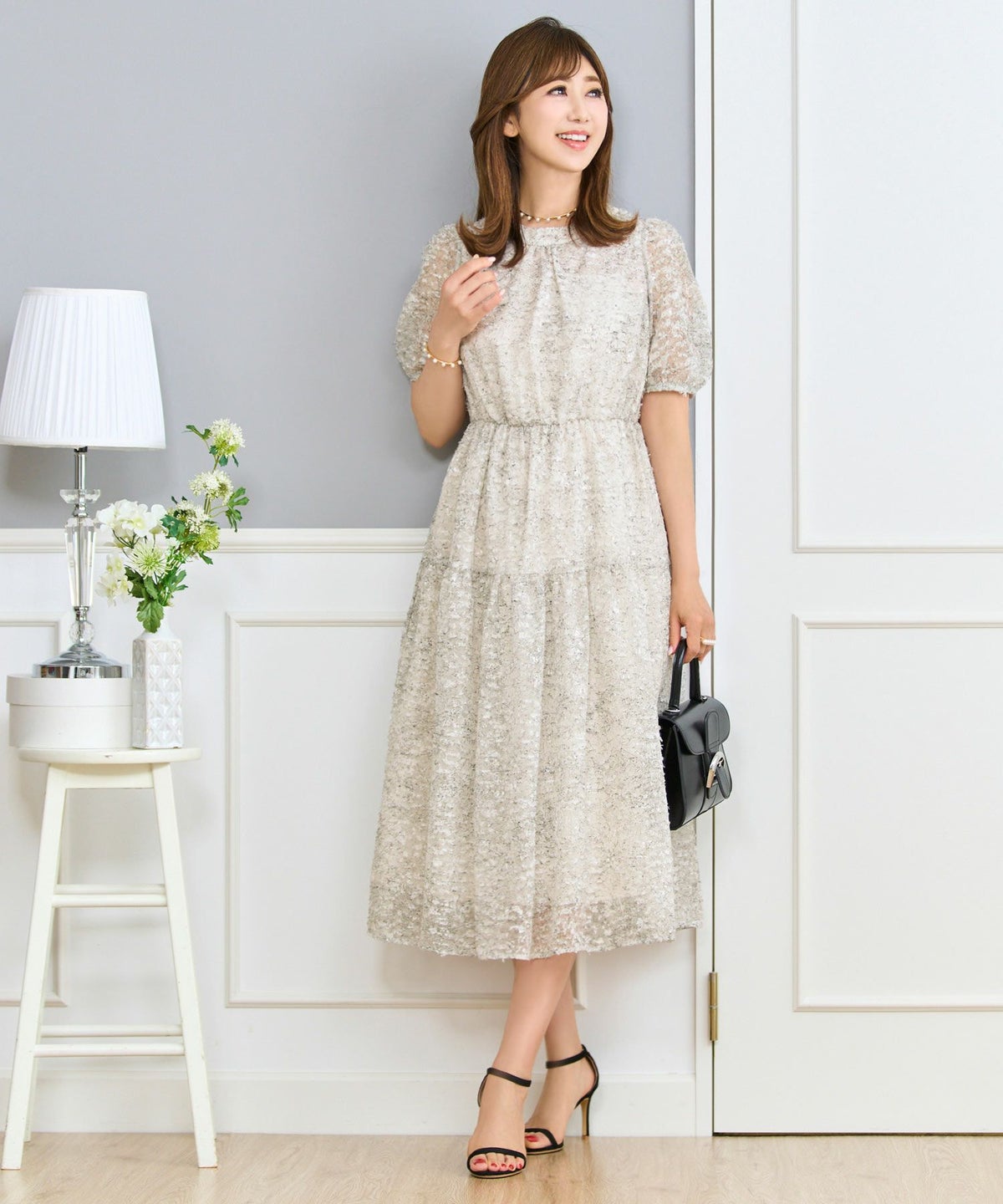 ワンピースレディースウエストゴム半袖シアー素材フリンジ春夏秋軽い洗える白柄フレアきれいめかわいい大人ジョイントスペース