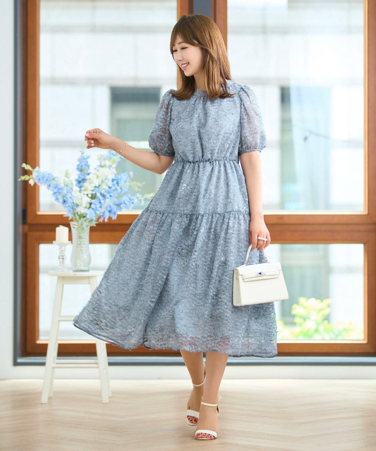 ワンピースレディースウエストゴム半袖シアー素材フリンジ春夏秋軽い洗える白柄フレアきれいめかわいい大人ジョイントスペース