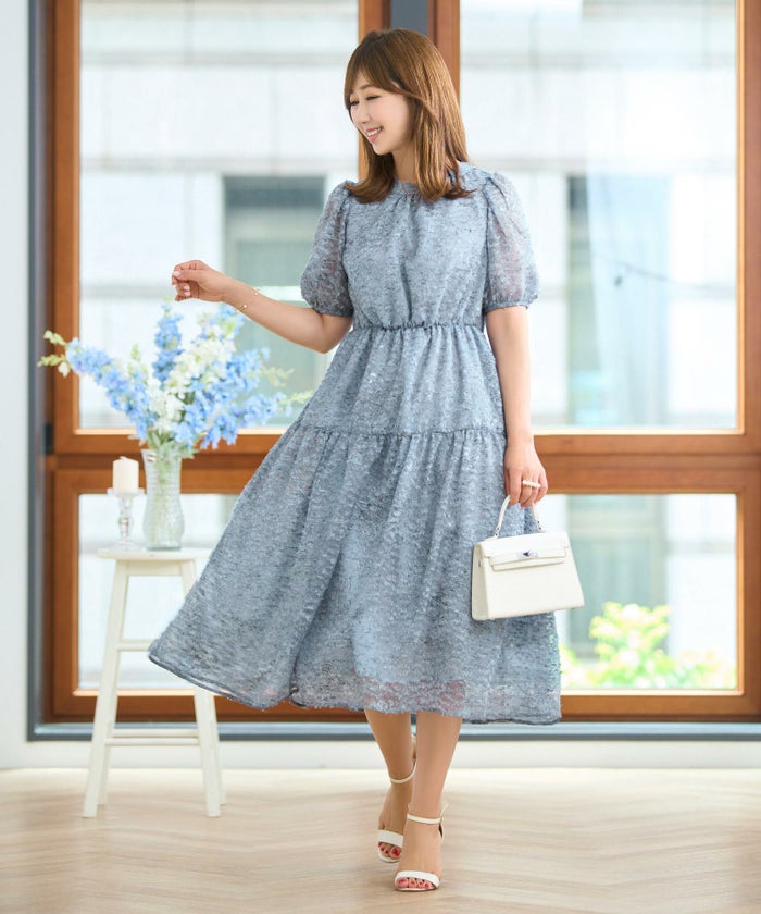 ワンピースレディースウエストゴム半袖シアー素材フリンジ春夏秋軽い洗える白柄フレアきれいめかわいい大人ジョイントスペース