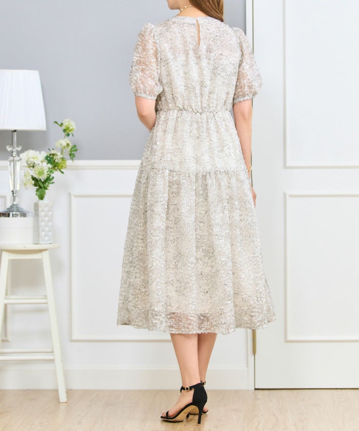 ワンピースレディースウエストゴム半袖シアー素材フリンジ春夏秋軽い洗える白柄フレアきれいめかわいい大人ジョイントスペース