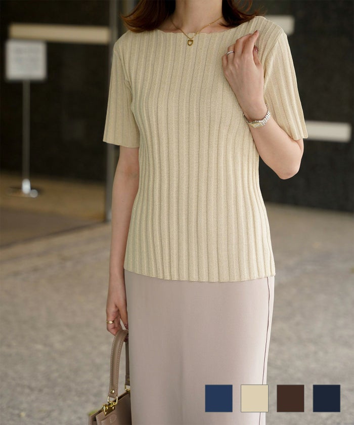 セレクト レディース トップス  プルオーバー サマーニット  リブニット ラメ 半袖 きれいめ 上品 洗える ブルー ベージュ ブラウン ブラック M セレクト ラメ サマーリブニット HUIT