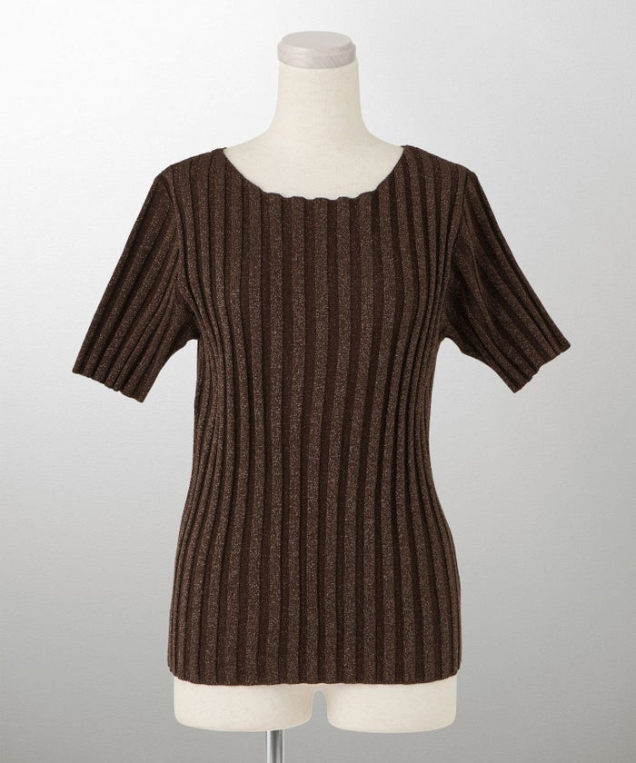 セレクト レディース トップス  プルオーバー サマーニット  リブニット ラメ 半袖 きれいめ 上品 洗える ブルー ベージュ ブラウン ブラック M