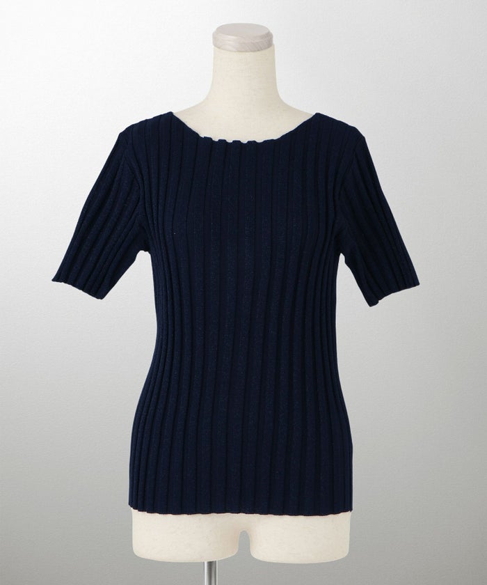 セレクト レディース トップス  プルオーバー サマーニット  リブニット ラメ 半袖 きれいめ 上品 洗える ブルー ベージュ ブラウン ブラック M