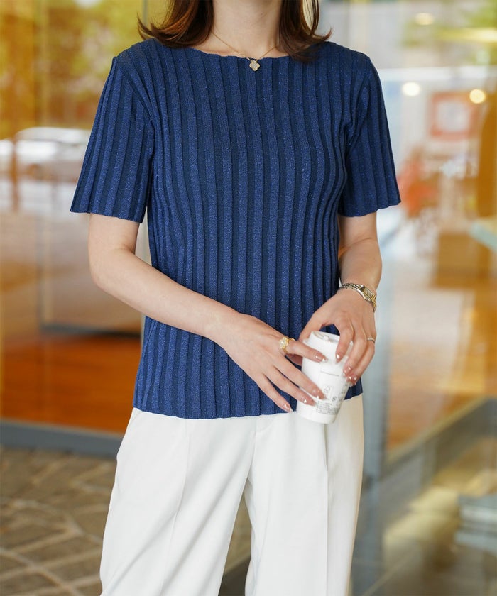 セレクト レディース トップス  プルオーバー サマーニット  リブニット ラメ 半袖 きれいめ 上品 洗える ブルー ベージュ ブラウン ブラック M