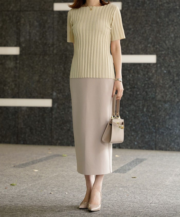 セレクト レディース トップス  プルオーバー サマーニット  リブニット ラメ 半袖 きれいめ 上品 洗える ブルー ベージュ ブラウン ブラック M