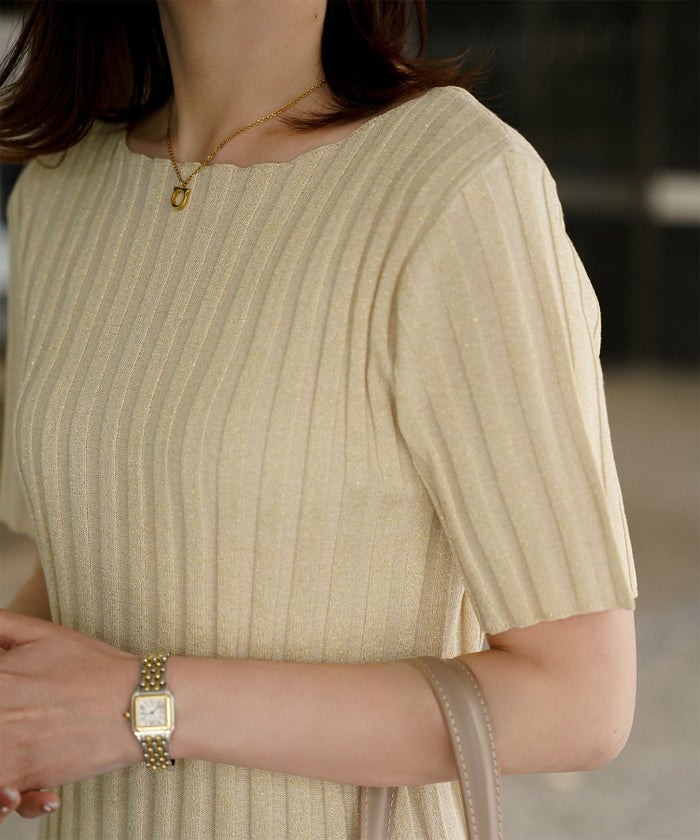 セレクト レディース トップス  プルオーバー サマーニット  リブニット ラメ 半袖 きれいめ 上品 洗える ブルー ベージュ ブラウン ブラック M