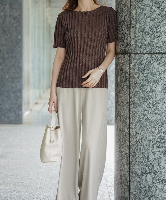 セレクト レディース トップス  プルオーバー サマーニット  リブニット ラメ 半袖 きれいめ 上品 洗える ブルー ベージュ ブラウン ブラック M