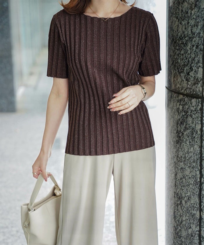 セレクト レディース トップス  プルオーバー サマーニット  リブニット ラメ 半袖 きれいめ 上品 洗える ブルー ベージュ ブラウン ブラック M