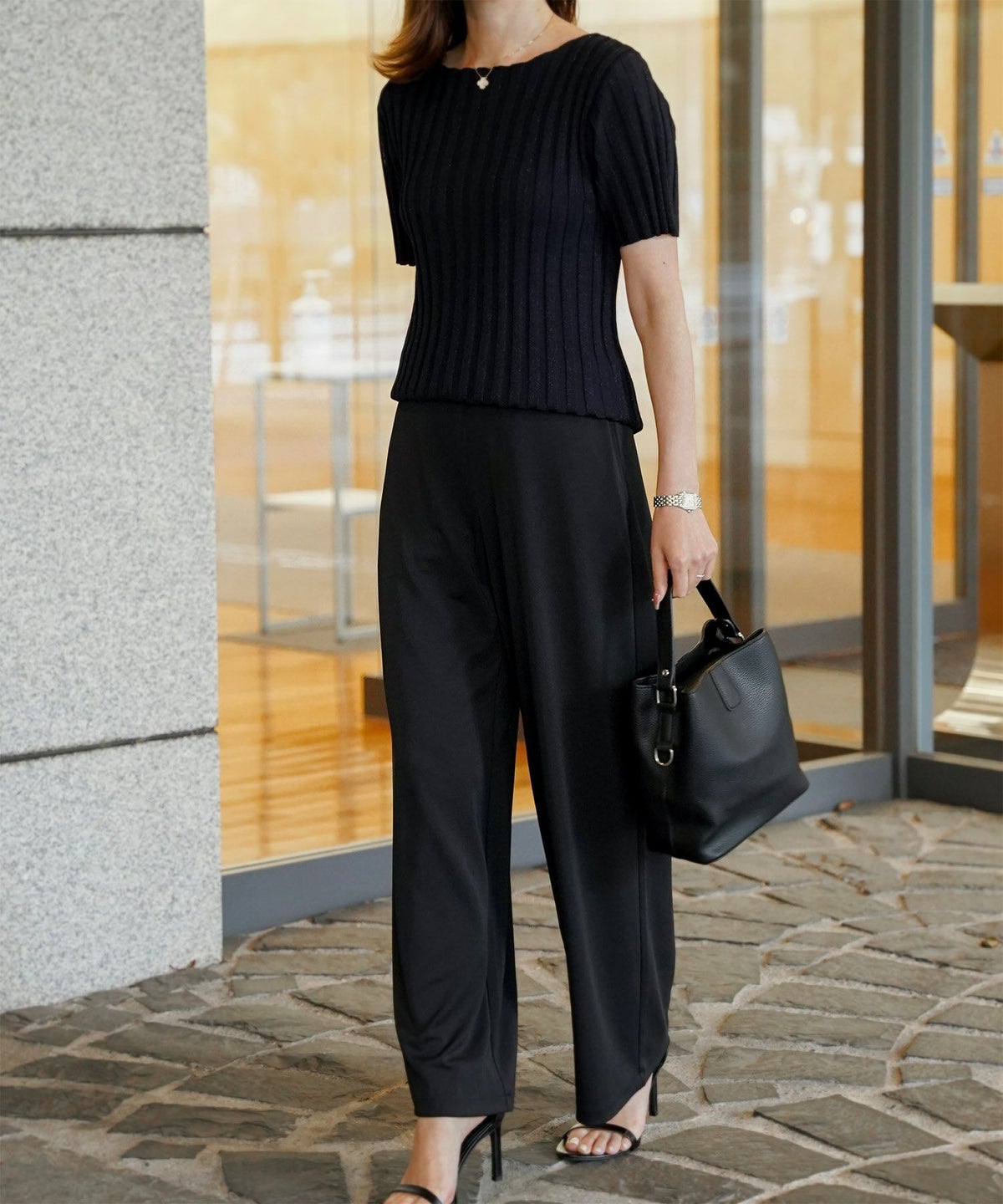 セレクト レディース トップス  プルオーバー サマーニット  リブニット ラメ 半袖 きれいめ 上品 洗える ブルー ベージュ ブラウン ブラック M