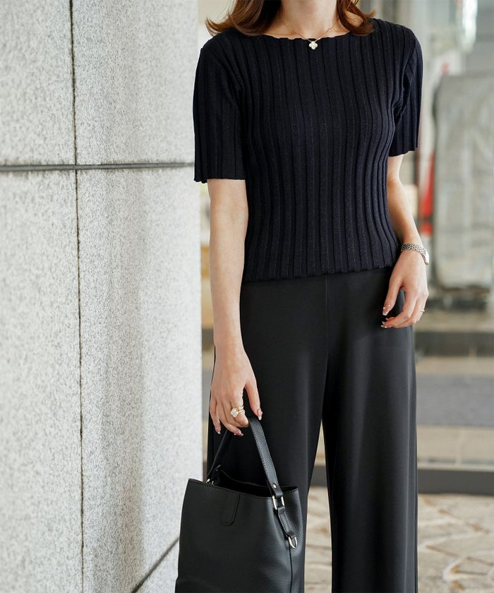 セレクト レディース トップス  プルオーバー サマーニット  リブニット ラメ 半袖 きれいめ 上品 洗える ブルー ベージュ ブラウン ブラック M