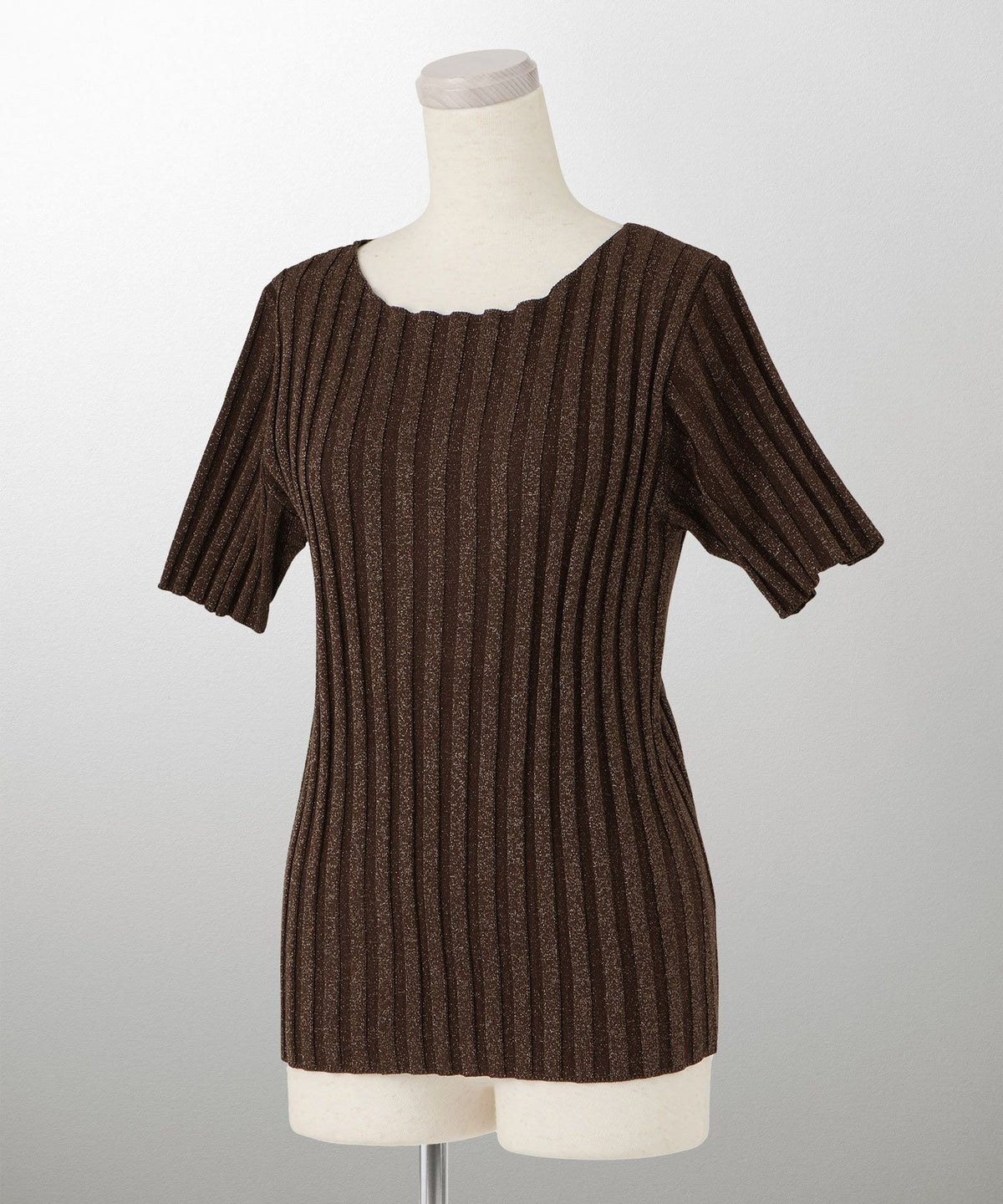 セレクト レディース トップス  プルオーバー サマーニット  リブニット ラメ 半袖 きれいめ 上品 洗える ブルー ベージュ ブラウン ブラック M