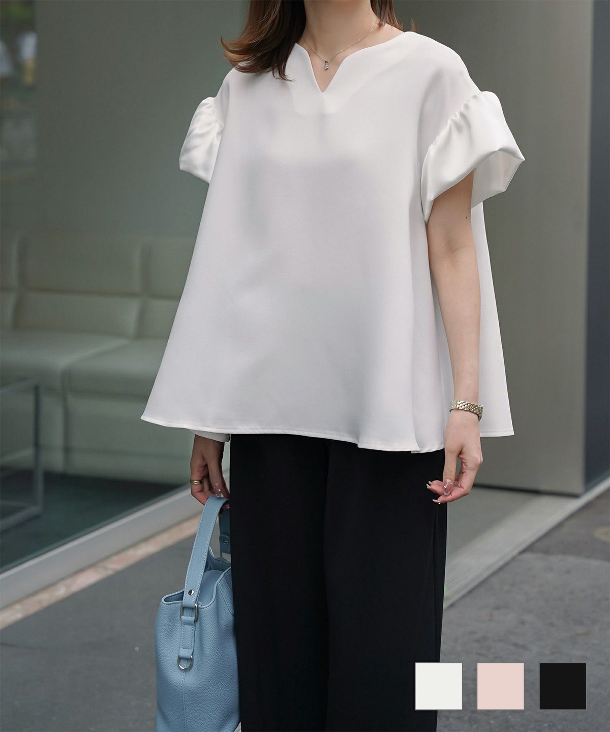 レディース ブラウス  サテン フレア袖 半袖 ボリューム袖 オフィス きれいめ 上品 洗える ホワイト ピンク ブラック M サテン フレアスリーブ ブラウス HUIT