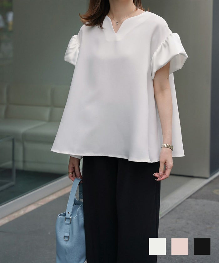 レディース ブラウス  サテン フレア袖 半袖 ボリューム袖 オフィス きれいめ 上品 洗える ホワイト ピンク ブラック M サテン フレアスリーブ ブラウス HUIT
