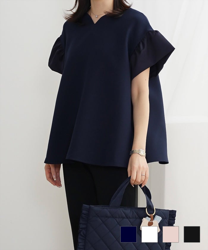 レディース ブラウス  サテン フレア袖 半袖 ボリューム袖 オフィス きれいめ 上品 洗える ホワイト ピンク ブラック M サテン フレアスリーブ ブラウス HUIT