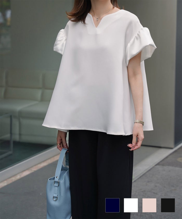 レディース ブラウス  サテン フレア袖 半袖 ボリューム袖 オフィス きれいめ 上品 洗える ホワイト ピンク ブラック M サテン フレアスリーブ ブラウス HUIT