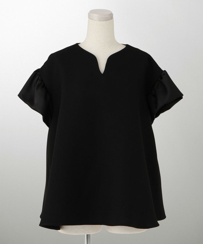 レディース ブラウス サテン フレア袖 半袖 ボリューム袖 オフィス きれいめ 上品 洗える