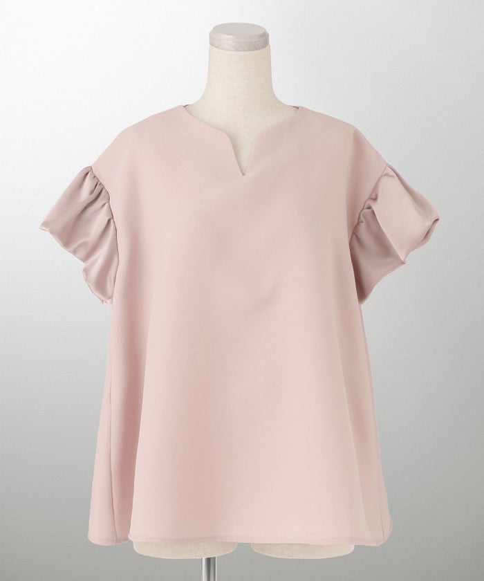 レディース ブラウス サテン フレア袖 半袖 ボリューム袖 オフィス きれいめ 上品 洗える