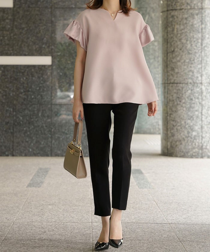 レディース ブラウス サテン フレア袖 半袖 ボリューム袖 オフィス きれいめ 上品 洗える