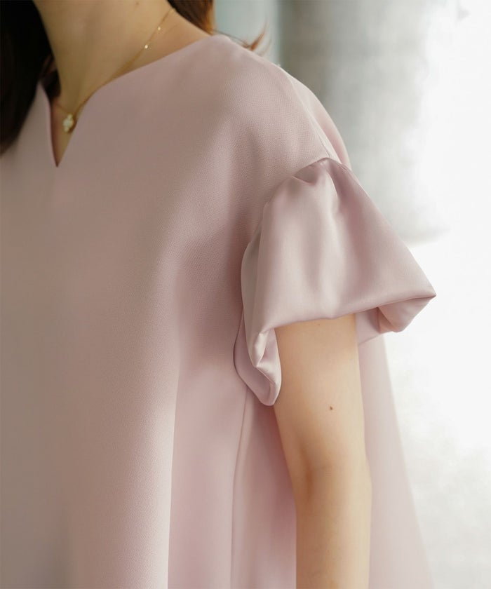 レディース ブラウス サテン フレア袖 半袖 ボリューム袖 オフィス きれいめ 上品 洗える