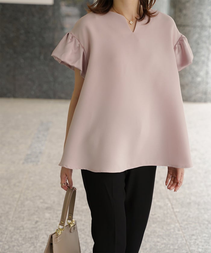 レディース ブラウス サテン フレア袖 半袖 ボリューム袖 オフィス きれいめ 上品 洗える