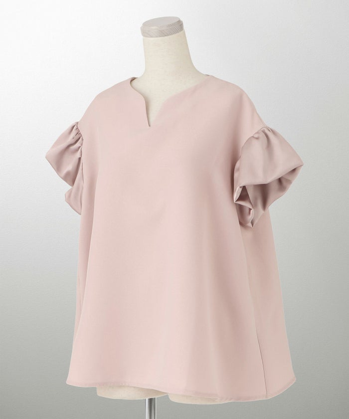 レディース ブラウス サテン フレア袖 半袖 ボリューム袖 オフィス きれいめ 上品 洗える