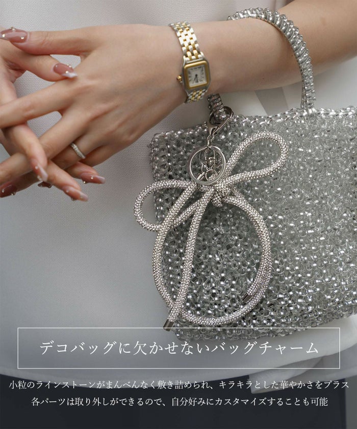 セレクト レディース キラキラ リボン チャーム きれいめ 大人可愛い トレンド/シルバー/ブラック/フリー/ラインストーン