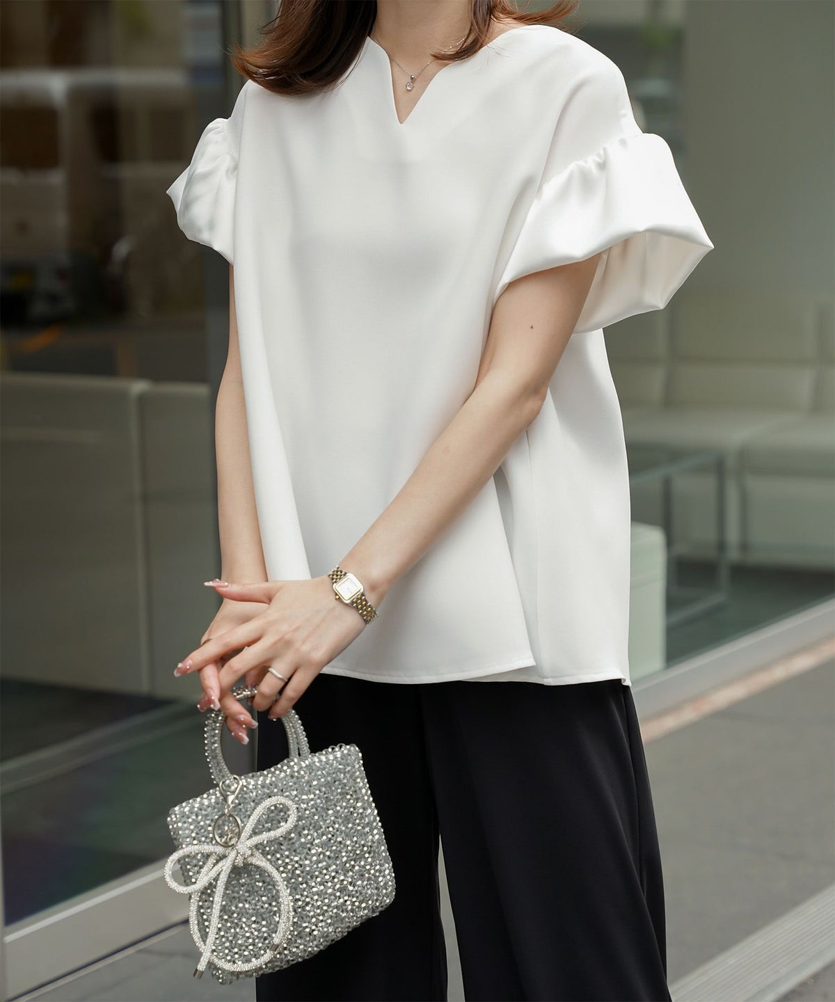 セレクト レディース キラキラ リボン チャーム きれいめ 大人可愛い トレンド/シルバー/ブラック/フリー/ラインストーン