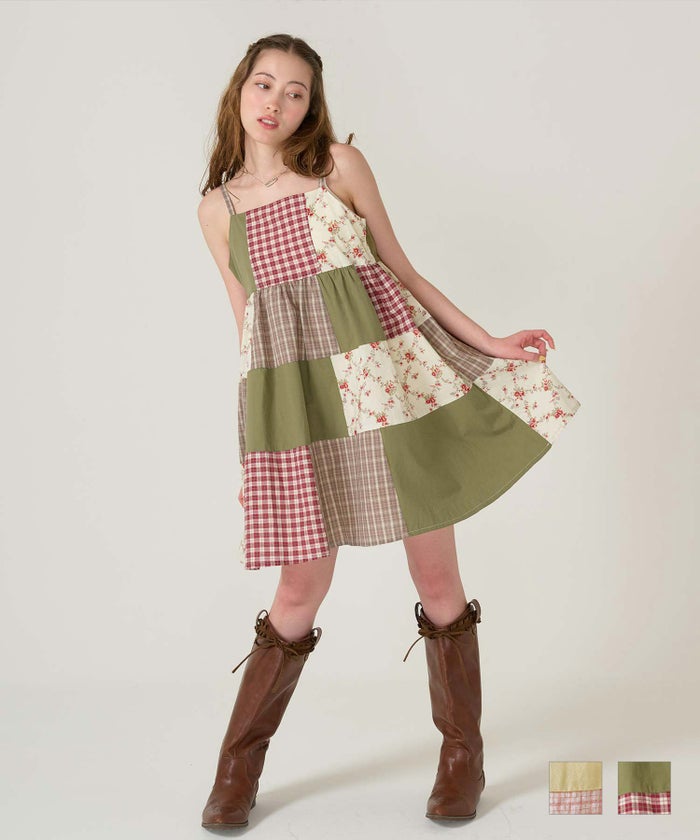 キャミ/ワンピース/パッチワーク/カーキ