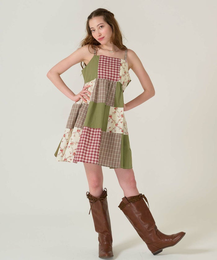 キャミ/ワンピース/パッチワーク/カーキ