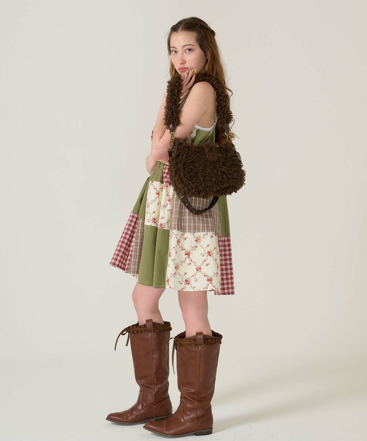 キャミ/ワンピース/パッチワーク/カーキ