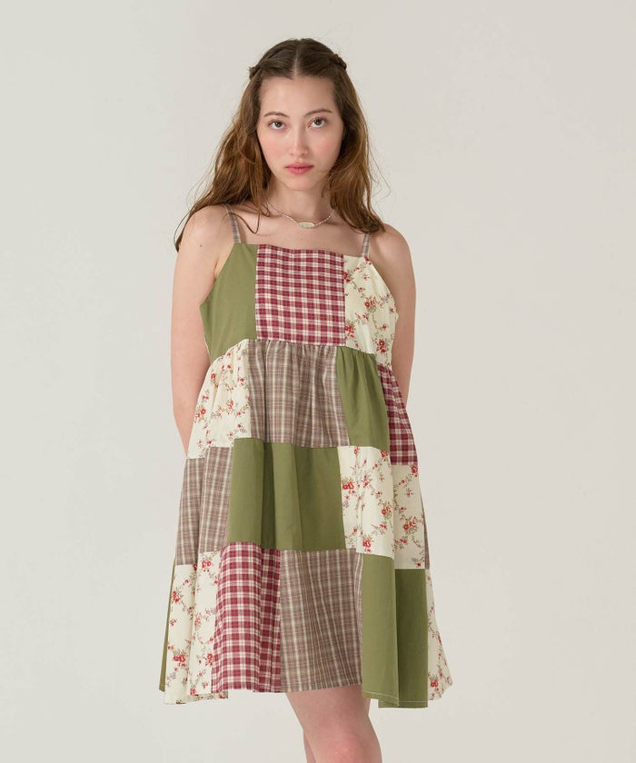 キャミ/ワンピース/パッチワーク/カーキ