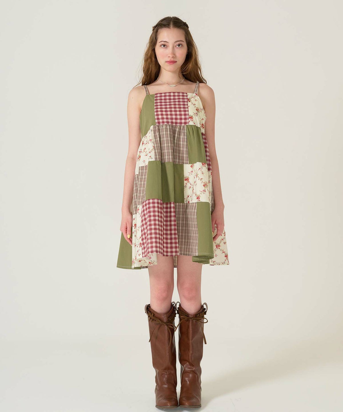 キャミ/ワンピース/パッチワーク/カーキ