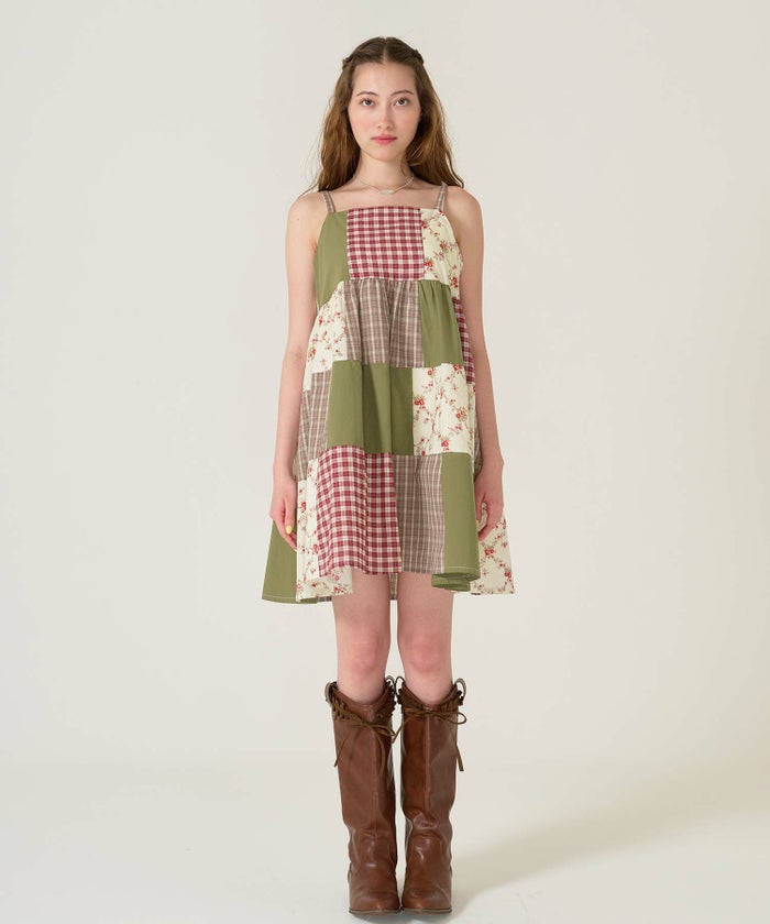 キャミ/ワンピース/パッチワーク/カーキ