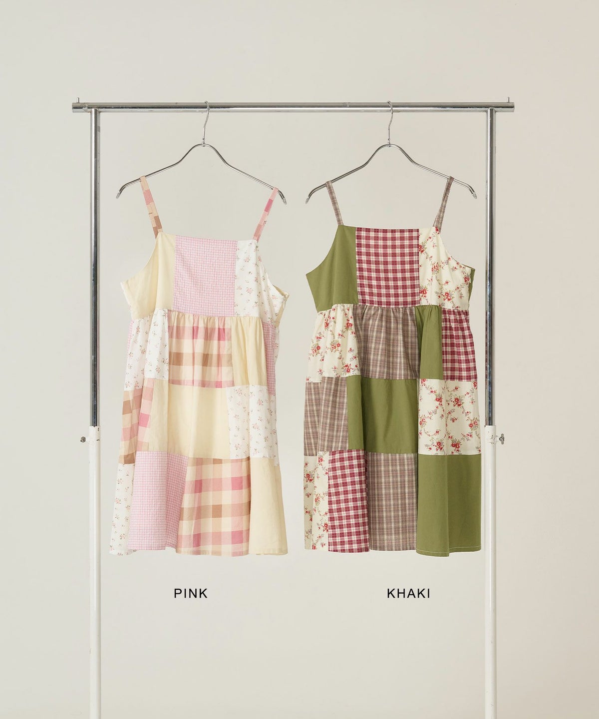 キャミ/ワンピース/パッチワーク/カーキ/ピンク