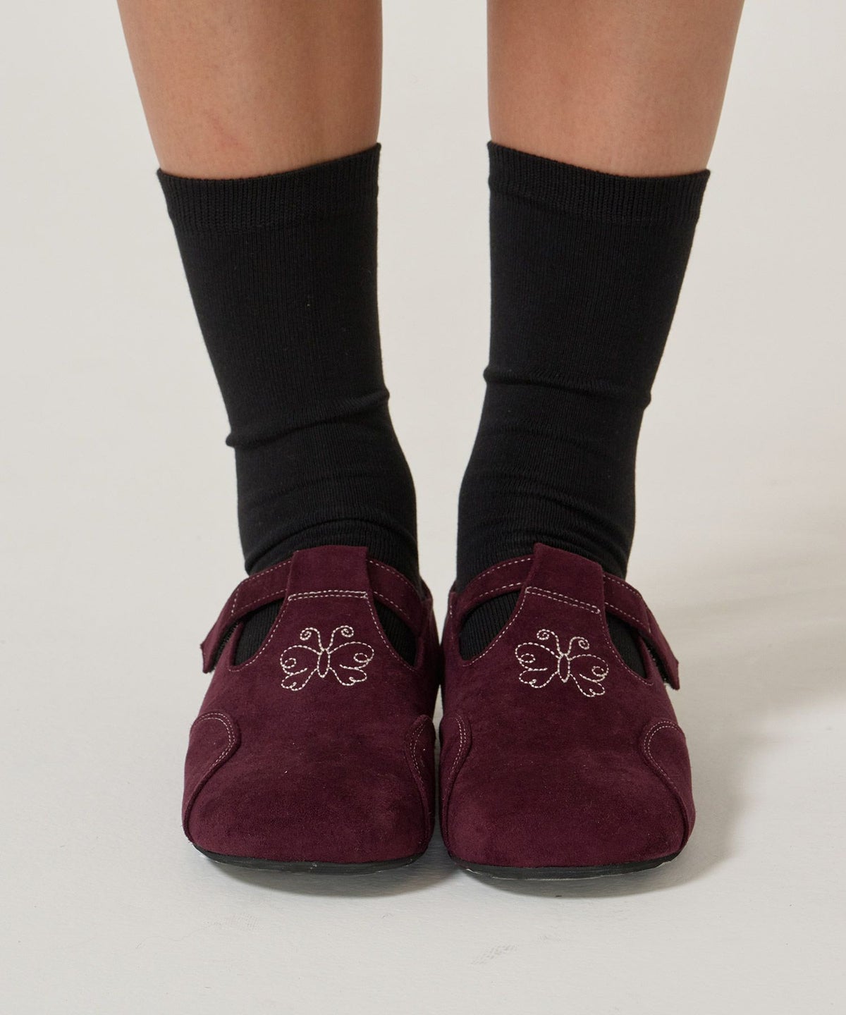 刺繍/フェイクスエード/シューズ/バーガンディ