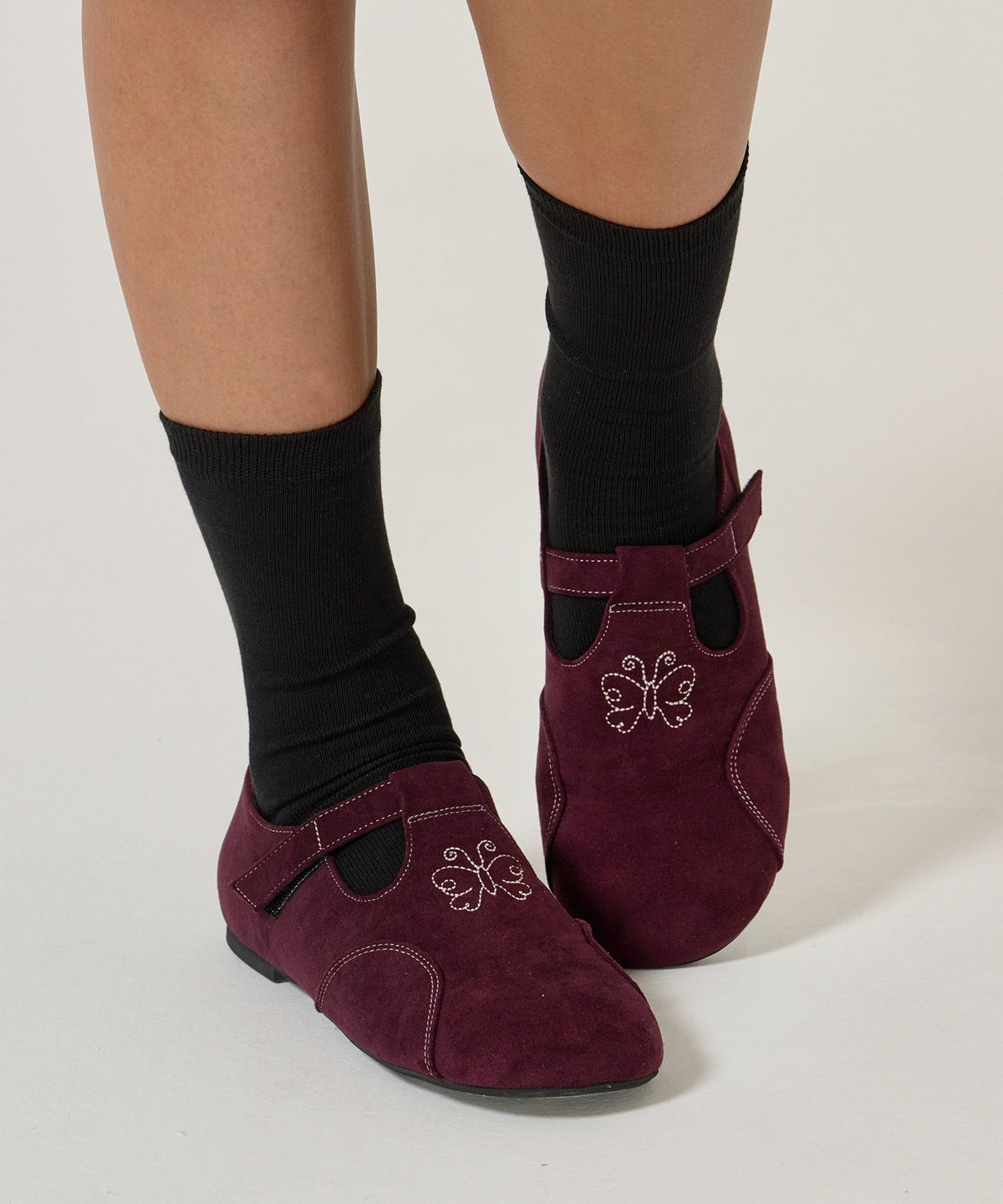 刺繍/フェイクスエード/シューズ/バーガンディ