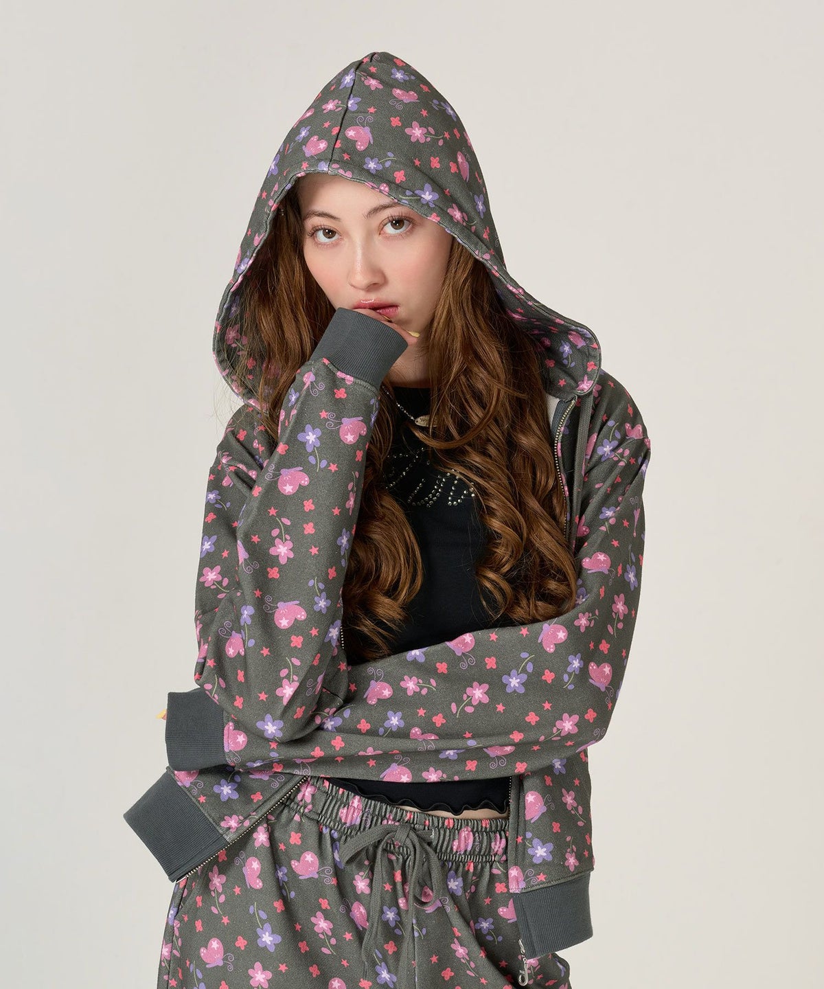 フーディ/花柄/パーカー/ブラック