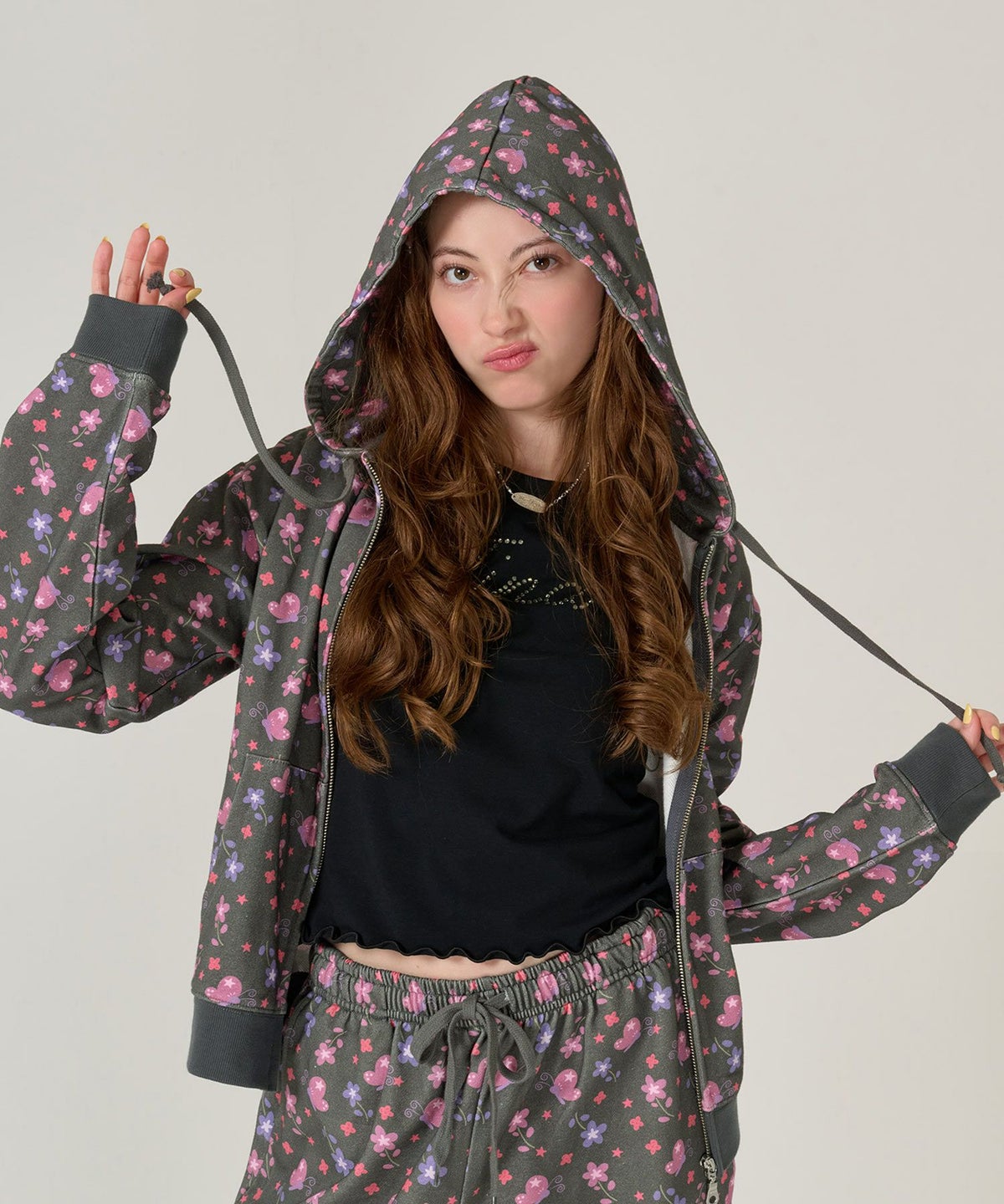 フーディ/花柄/パーカー/ブラック