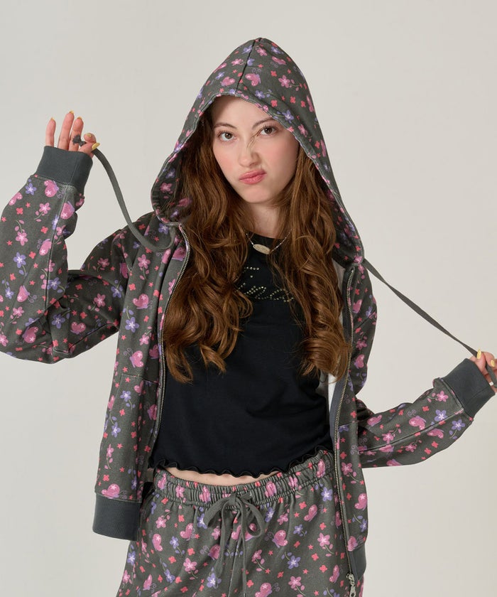 フーディ/花柄/パーカー/ブラック