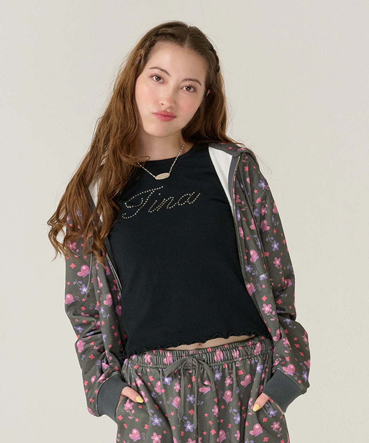 フーディ/花柄/パーカー/ブラック