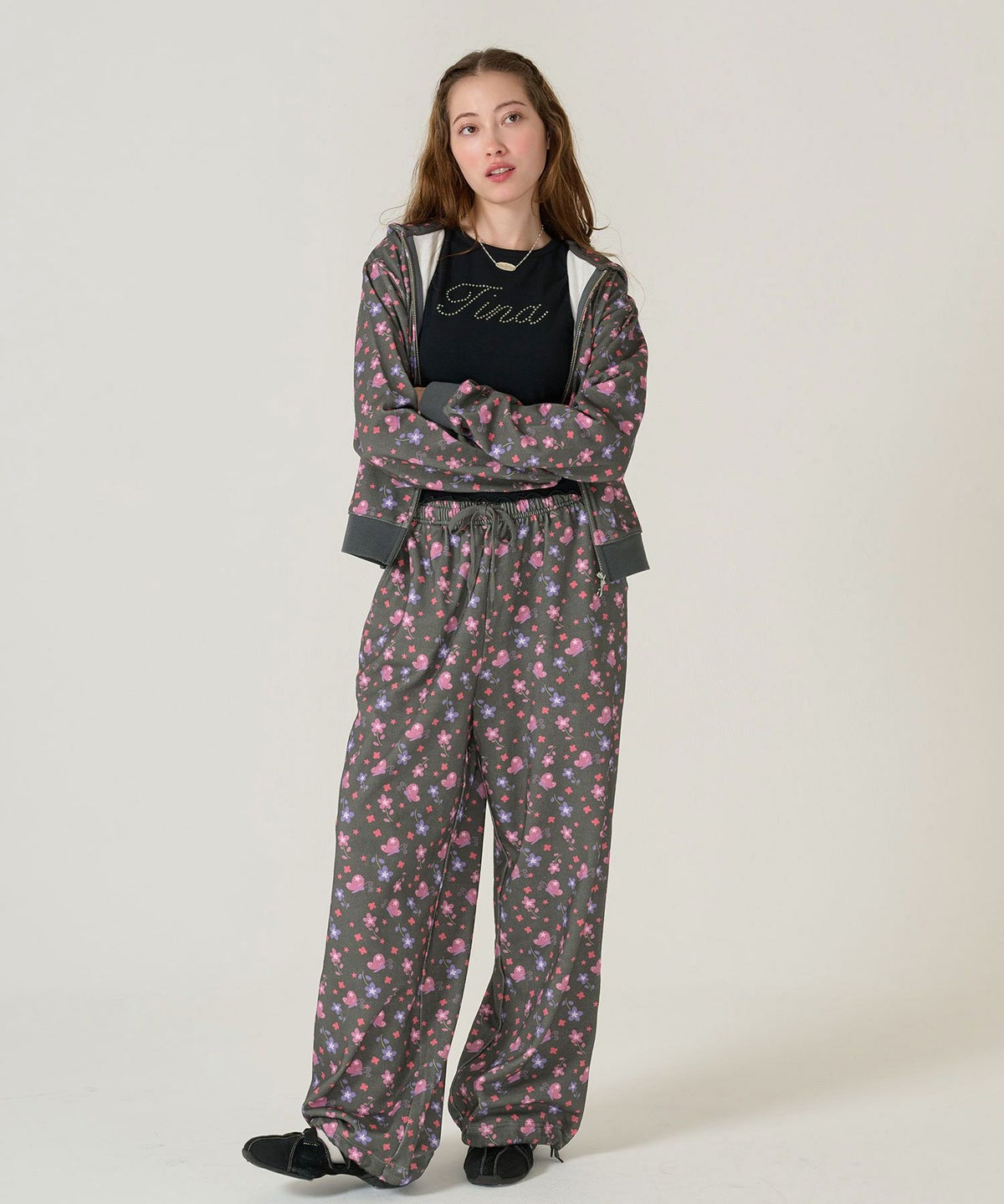 フーディ/花柄/パーカー/ブラック