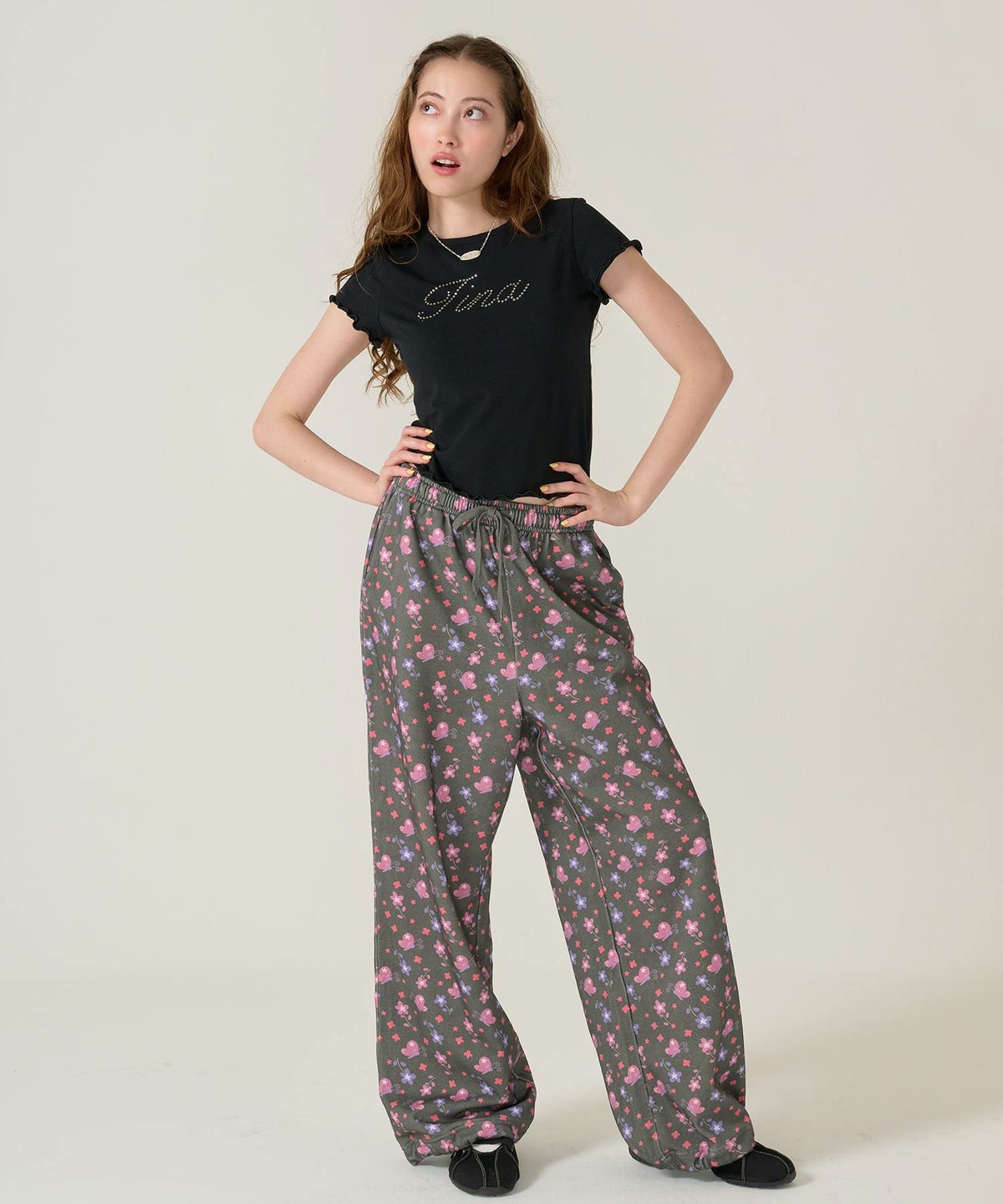 パンツ/スウェット/花柄/ブラック