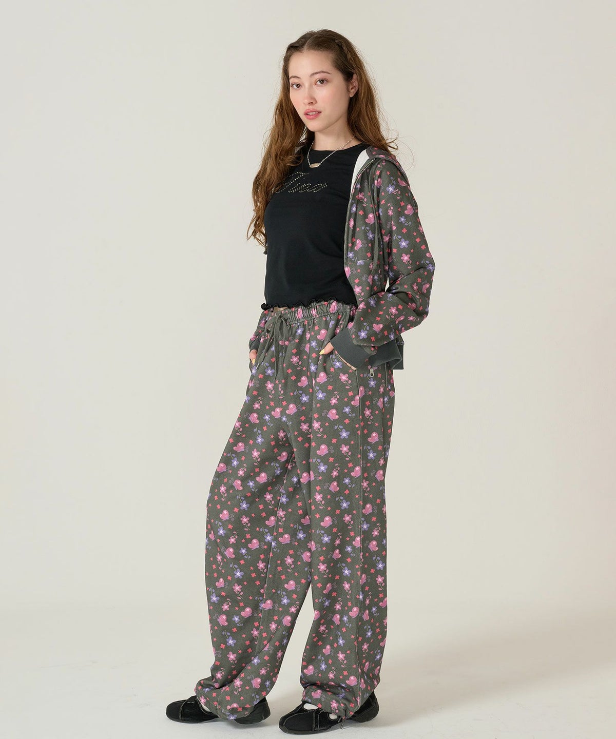 パンツ/スウェット/花柄/ブラック