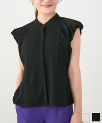 手洗い可セットアップ対応可かわいい上品きれいめ大人カジュアルオフィスフォーマルフェミニンシンプルバルーンジョイントスペースLPセットアップ企画-01 バンドカラー パフ袖 ブラウス Liala×PG