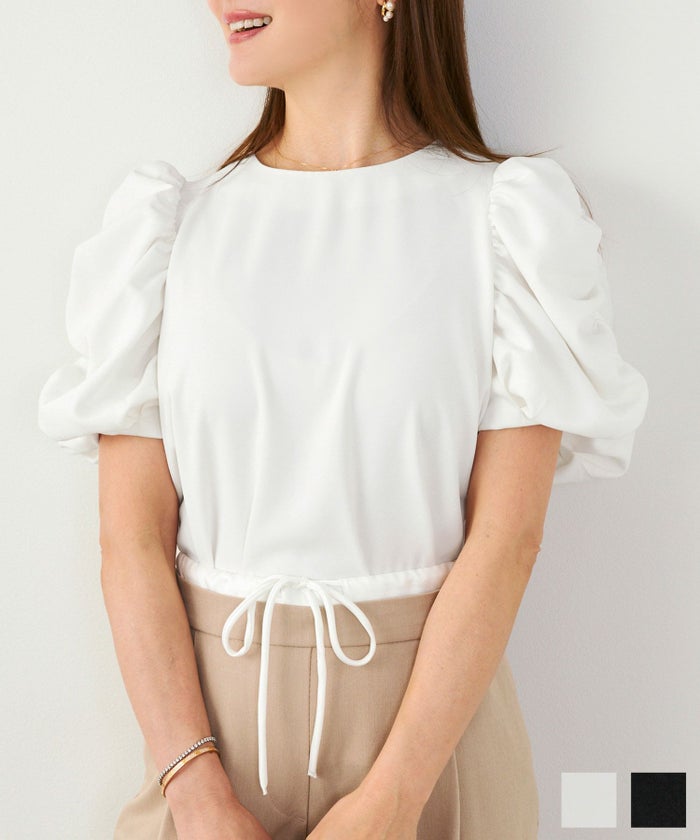 手洗い可 セットアップ対応可 かわいい 上品 きれいめ 大人カジュアル オフィス フォーマル フェミニン シンプル パワーショルダー ジョイントスペース ギャザー ボリューム袖 ブラウス Liala×PG