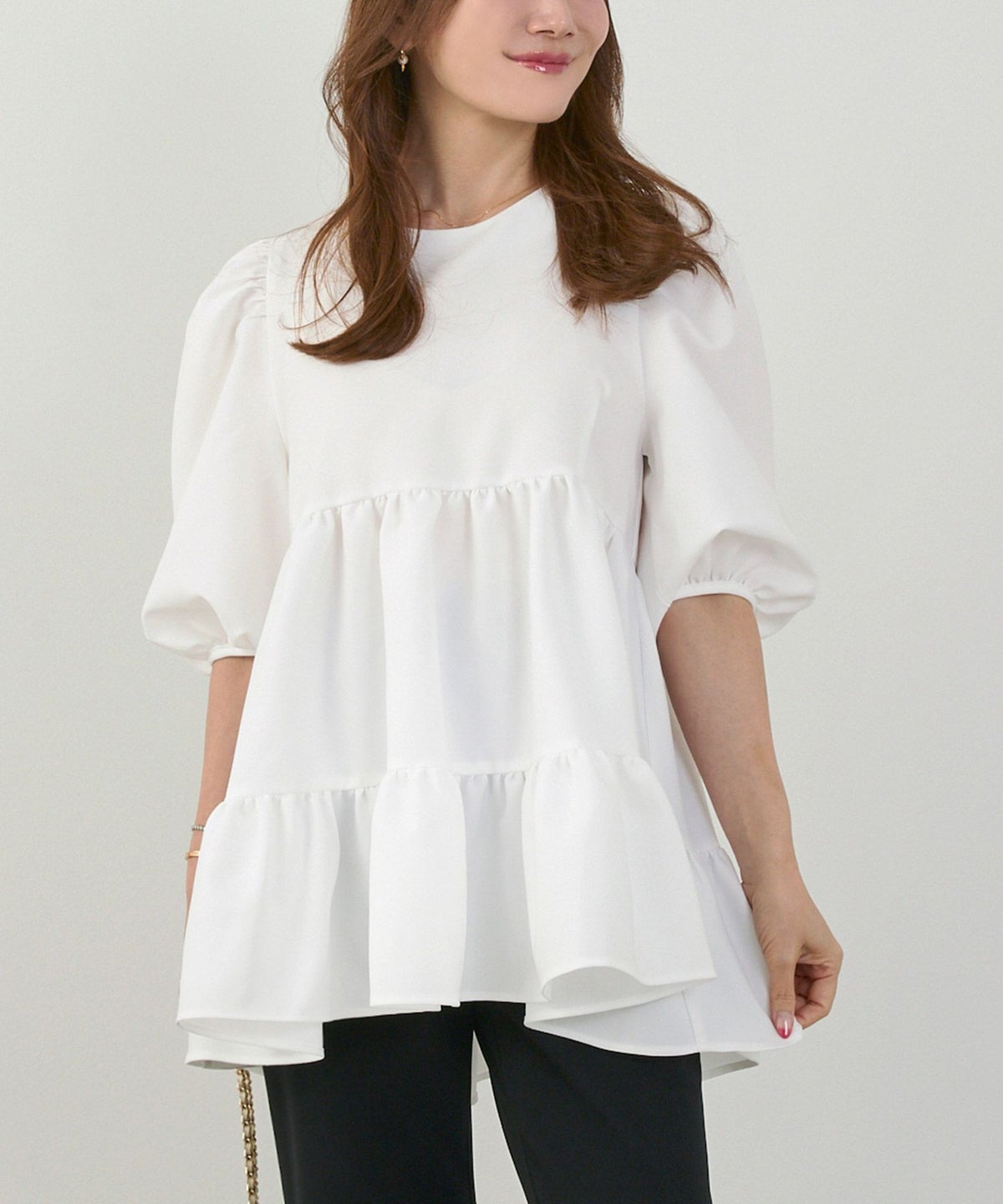 手洗い可上品きれいめパフ袖大人カジュアルオフィスフォーマルフェミニン体型カバージョイントスペース