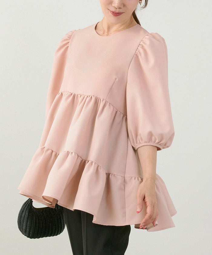 手洗い可上品きれいめパフ袖大人カジュアルオフィスフォーマルフェミニン体型カバージョイントスペース