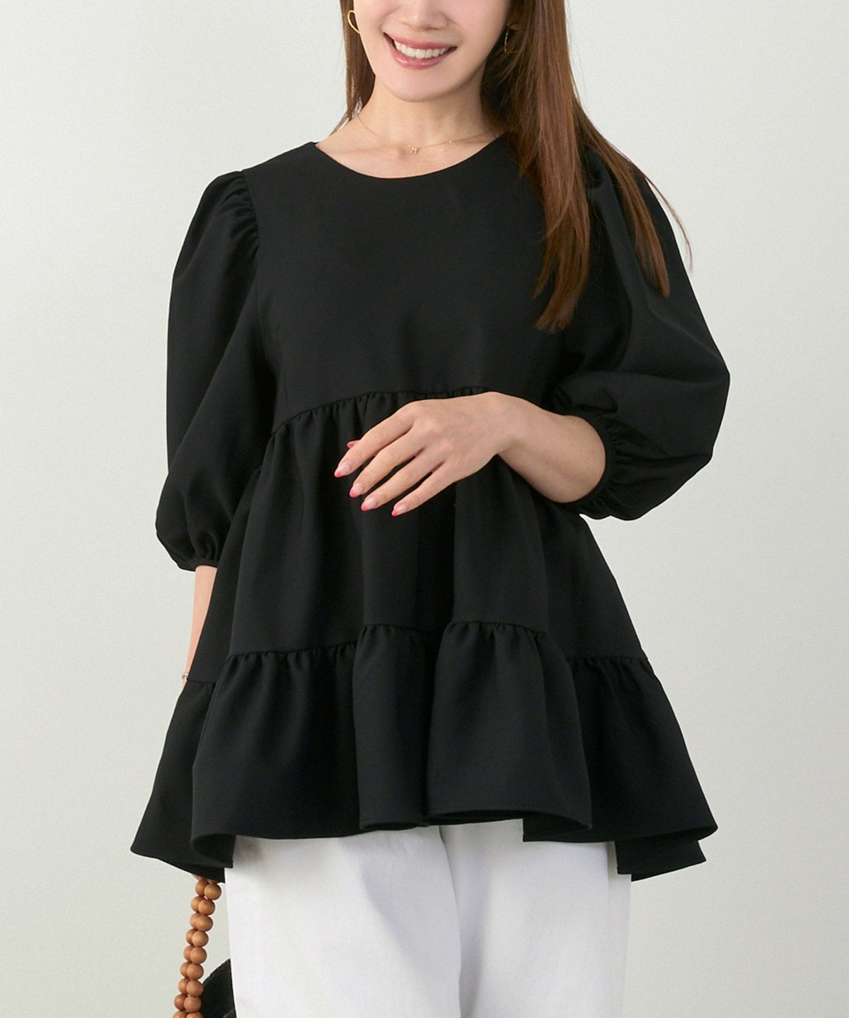 手洗い可上品きれいめパフ袖大人カジュアルオフィスフォーマルフェミニン体型カバージョイントスペース