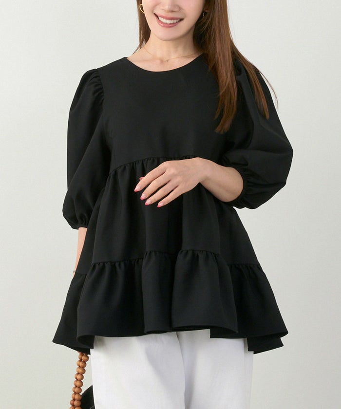 手洗い可上品きれいめパフ袖大人カジュアルオフィスフォーマルフェミニン体型カバージョイントスペース